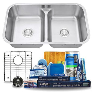 Dakota Signature Stainless Steel 50/50 Double Bowl Low Divide 32" Kitchen Sink w/ Grids