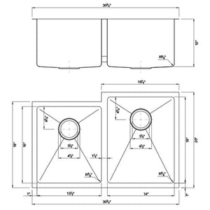 Dakota Signature Micro Radius Kitchen Sink 30.75″ Double Bowl Offset 40/60 w/ grids