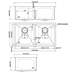 Dakota Signature Micro Radius Double Bowl Kitchen Sink 50/50 32″ w/ grids