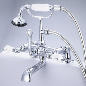 Vintage Classic 7 Inch Spread Deck Mount Tub Faucet With 2 Inch Risers & Handheld Shower in Polished Nickel (PVD) Finish With Porcelain Cross Handles, Hot And Cold Labels Included