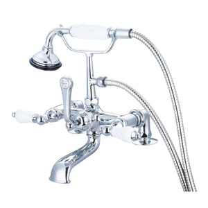 Vintage Classic 7 Inch Spread Deck Mount Tub Faucet With 2 Inch Risers & Handheld Shower in Polished Nickel (PVD) Finish With Porcelain Cross Handles, Hot And Cold Labels Included