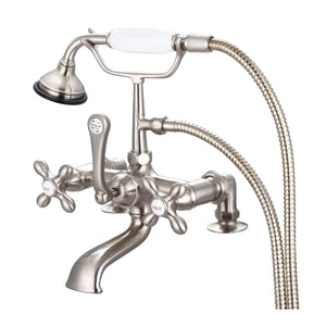 Vintage Classic 7 Inch Spread Deck Mount Tub Faucet With 2 Inch Risers & Handheld Shower in Polished Nickel (PVD) Finish With Porcelain Cross Handles, Hot And Cold Labels Included