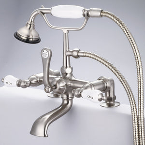 Vintage Classic 7 Inch Spread Deck Mount Tub Faucet With 2 Inch Risers & Handheld Shower in Polished Nickel (PVD) Finish With Porcelain Cross Handles, Hot And Cold Labels Included