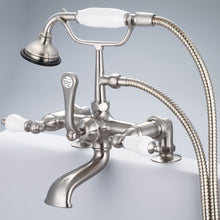 Load image into Gallery viewer, Vintage Classic 7 Inch Spread Deck Mount Tub Faucet With 2 Inch Risers &amp; Handheld Shower in Polished Nickel (PVD) Finish With Porcelain Cross Handles, Hot And Cold Labels Included