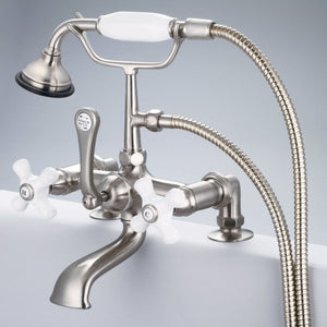 Vintage Classic 7 Inch Spread Deck Mount Tub Faucet With 2 Inch Risers & Handheld Shower in Polished Nickel (PVD) Finish With Porcelain Cross Handles, Hot And Cold Labels Included