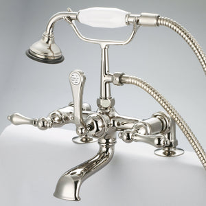 Vintage Classic 7 Inch Spread Deck Mount Tub Faucet With 2 Inch Risers & Handheld Shower in Polished Nickel (PVD) Finish With Porcelain Cross Handles, Hot And Cold Labels Included