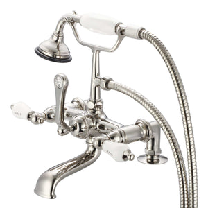 Vintage Classic 7 Inch Spread Deck Mount Tub Faucet With 2 Inch Risers & Handheld Shower in Polished Nickel (PVD) Finish With Porcelain Cross Handles, Hot And Cold Labels Included