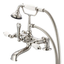 Load image into Gallery viewer, Vintage Classic 7 Inch Spread Deck Mount Tub Faucet With 2 Inch Risers &amp; Handheld Shower in Polished Nickel (PVD) Finish With Porcelain Cross Handles, Hot And Cold Labels Included