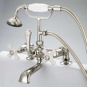 Vintage Classic 7 Inch Spread Deck Mount Tub Faucet With 2 Inch Risers & Handheld Shower in Polished Nickel (PVD) Finish With Porcelain Cross Handles, Hot And Cold Labels Included