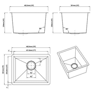 Builders Collection 18g Zero Radius 19×15 Single Bowl Undermount Stainless Steel Bar Sink