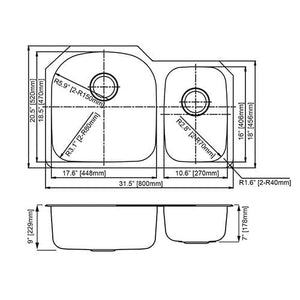 Builders Collection 18g Standard Radius 70/30 Offset Double Bowl Undermount Stainless Steel Kitchen Sink