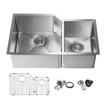 Load image into Gallery viewer, KIBI 32″ Handcrafted Off-Set Undermount Double Bowl Stainless Steel Kitchen Sink