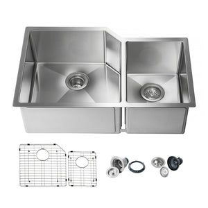 KIBI 32″ Handcrafted Off-Set Undermount Double Bowl Stainless Steel Kitchen Sink