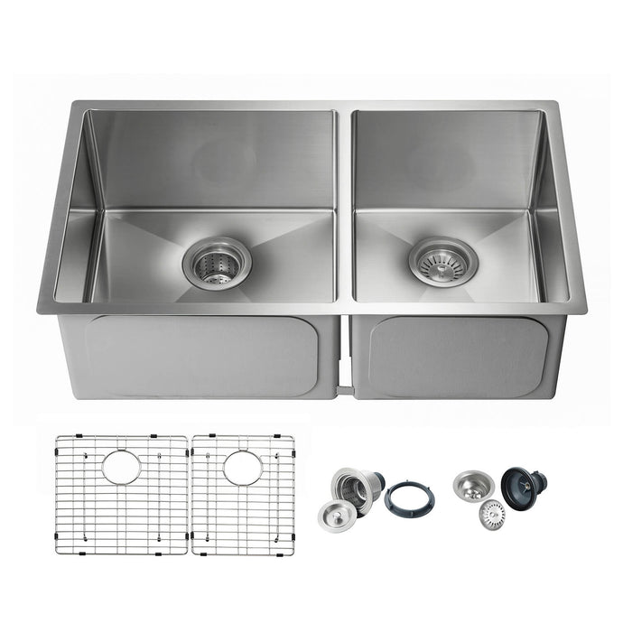 KIBI 32 3/4″ Handcrafted Undermount Double Bowl Stainless Steel Kitchen Sink
