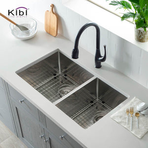 KIBI 32 3/4″ Handcrafted Undermount Double Bowl Stainless Steel Kitchen Sink