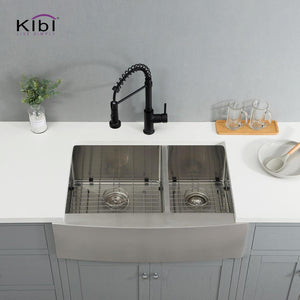 KIBI 33″ Handcrafted Farmhouse Apron Double Bowl Stainless Steel Kitchen Sink