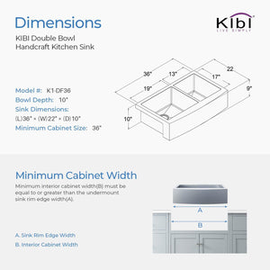 KIBI 36″ Handcrafted Farmhouse Apron Double Bowl Stainless Steel Kitchen Sink