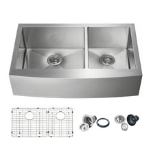 Load image into Gallery viewer, KIBI 36″ Handcrafted Farmhouse Apron Double Bowl Stainless Steel Kitchen Sink