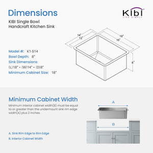 14″ x 18 Handcrafted Undermount Single Bowl 16 gauge Stainless Steel Kitchen Sink