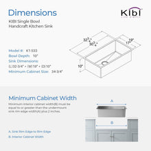 Load image into Gallery viewer, KIBI 32 3/4″ Handcrafted Undermount Single Bowl 16 gauge Stainless Steel Kitchen Sink
