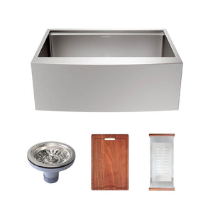 Rivage 30 x 22 Single Basin Apron Farmhouse Kitchen Workstation Sink with Spotted Drain, Colander and Cutting Board