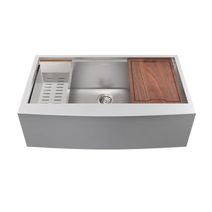 Rivage 36 x 22 Single Basin Apron Kitchen Workstation Sink with Drain, Colander and Cutting Board Included