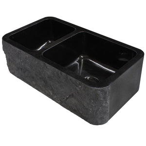 Reversible 60/40 Kitchen Sink in Black Granite with Chiseled or Polish Apron