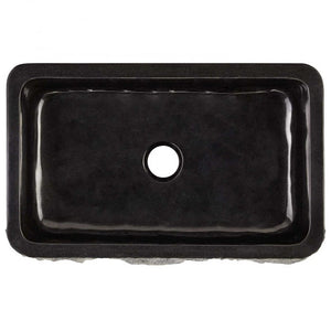 Single Bowl Kitchen Sink in Black Granite with Natural Chiseled Apron