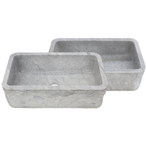 Single Bowl Kitchen Sink in Carrara White Marble with Natural Chiseled Apron