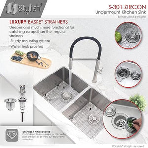 32 in Double Bowl Kitchen Sink, 18 Gauge Stainless Steel with Grids and Basket Strainers, by Stylish S-301G Zircon