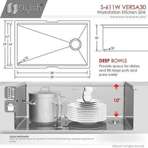 30 inch Workstation Single Bowl Undermount 16 Gauge Stainless Steel Kitchen Sink with Built in Accessories, by Stylish S-611W Versa30