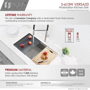 30 inch Workstation Single Bowl Undermount 16 Gauge Stainless Steel Kitchen Sink with Built in Accessories, by Stylish S-613W Versa33