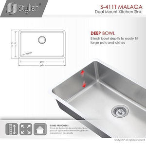 29 in Dual Mount Single Bowl Kitchen Sink, 18 Gauge Stainless Steel with Standard Strainers, by Stylish S-411T Malaga