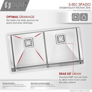 33 in Double Bowl Kitchen Sink, 16 Gauge Stainless Steel with Grids and Square Basket Strainers, by Stylish S-501XG Spazio
