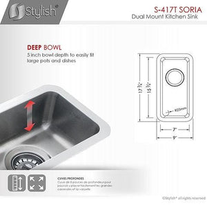 9 in Dual Mount Single Bowl Bar Sink, 18 Gauge Stainless Steel with Standard Strainer, by Stylish S-417T Soria