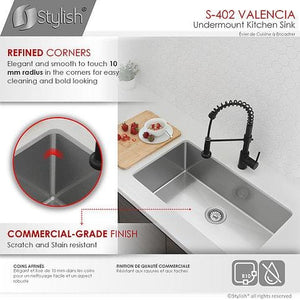 31 in Undermount Single Bowl Kitchen Sink, 18 Gauge Stainless Steel with Standard Strainers, by Stylish® S-402 Valencia