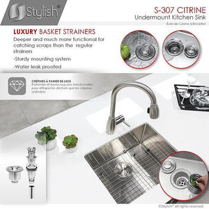 23 in Single Bowl Kitchen Sink, 16 Gauge Stainless Steel with Grid and Basket Strainer, by Stylish S-307XG Citrine