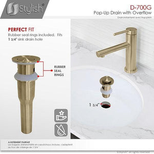Stainless Steel Bathroom Sink Pop-Up Drain with Overflow Brushed Gold Finish by Stylish D-700G