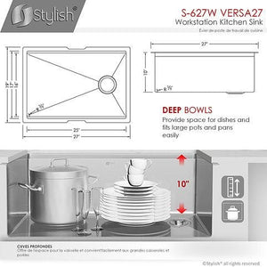 27 inch Workstation Single Bowl Undermount 16 Gauge Stainless Steel Kitchen Sink with Built in Accessories, by Stylish S-627W Versa27