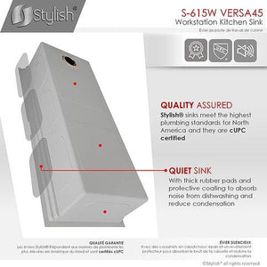 45 inch Ledge Workstation Single Bowl Undermount 16 Gauge Stainless Steel Kitchen Sink with Built in Accessories, by Stylish S-615W Versa45