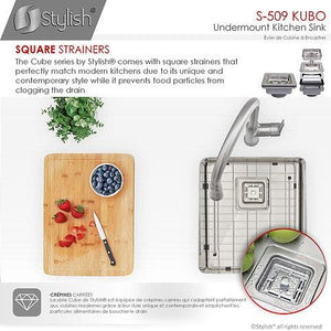16 in Single Bowl Bar Sink, 16 Gauge Stainless Steel with Grid and Square Strainer, by Stylish S-509XG Kubo