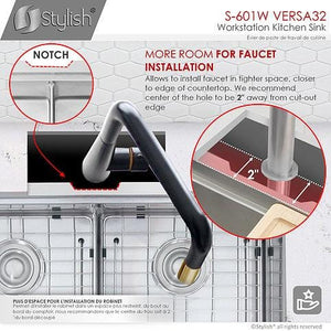32 inch Workstation Double Bowl Undermount 16 Gauge Stainless Steel Kitchen Sink with Built in Accessories, by Stylish S-601W Versa32