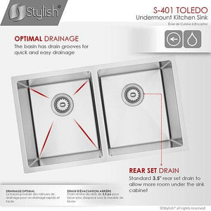31 in Undermount Double Bowl Kitchen Sink, 18 Gauge Stainless Steel with Standard Strainers, by Stylish S-401 Toledo