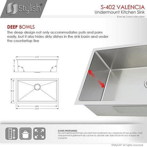 31 in Undermount Single Bowl Kitchen Sink, 18 Gauge Stainless Steel with Standard Strainers, by Stylish® S-402 Valencia