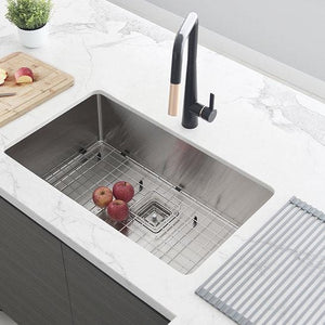 30 in Single Bowl Kitchen Sink, 16 Gauge Stainless Steel with Grid and Square Strainer, by Stylish S-511XG Jet