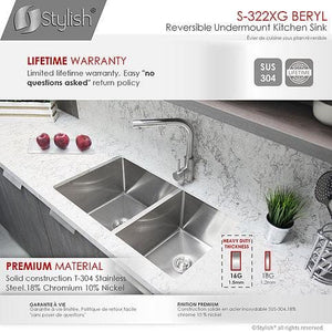 33 in Double Bowl 60/40 Reversible Undermount Kitchen Sink, 16 Gauge Stainless Steel with Grids and Basket Strainers, by Stylish S-322XG Beryl