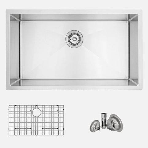 31 in Undermount Single Bowl Kitchen Sink, 18 Gauge Stainless Steel with Grids and Standard Strainers, by Stylish S-402G Valencia