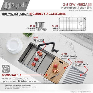 30 inch Workstation Single Bowl Undermount 16 Gauge Stainless Steel Kitchen Sink with Built in Accessories, by Stylish S-613W Versa33