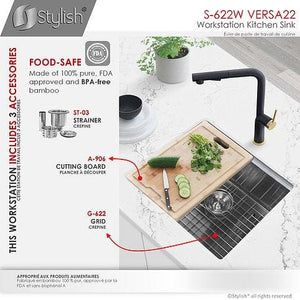 22 inch Workstation Single Bowl Undermount 16 Gauge Stainless Steel Kitchen Sink with Built in Accessories, by Stylish S-622W Versa22