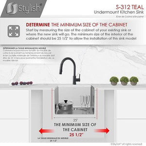 25 in Single Bowl Kitchen Sink, 16 Gauge Stainless Steel with Grid and Basket Strainer, by Stylish S-312XG Teal